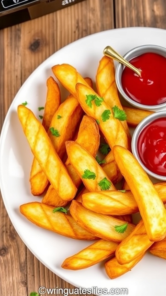 Crispy air fryer wedge french fries garnished with parsley, served with ketchup on a rustic table.